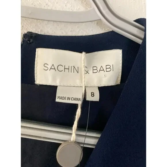 NWT Sachin & Babi Ginette Midi Dress Navy Carrie Inaba V Neck Trumpet Sleeves 8 - Picture 4 of 5